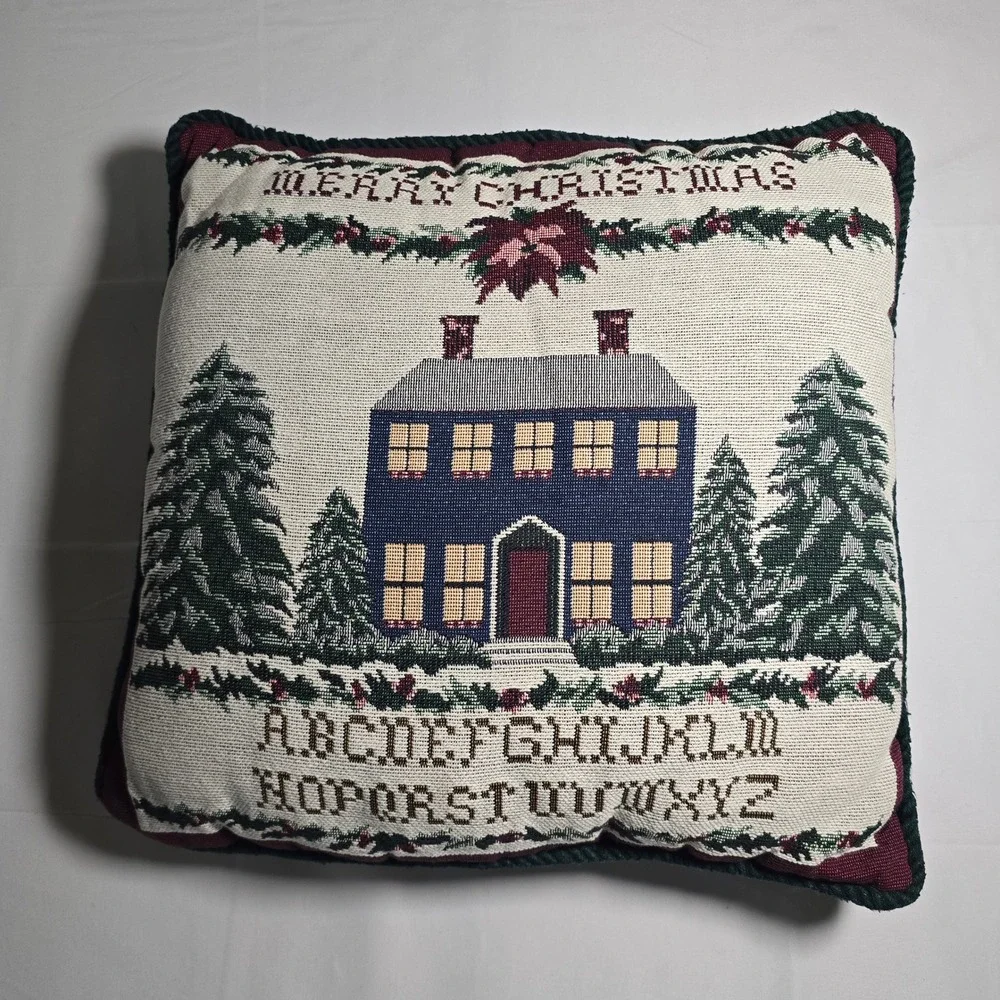 Vintage‎ Christmas Folk art Tapestry Pillow Colonial House Alphabet Woven 15x15